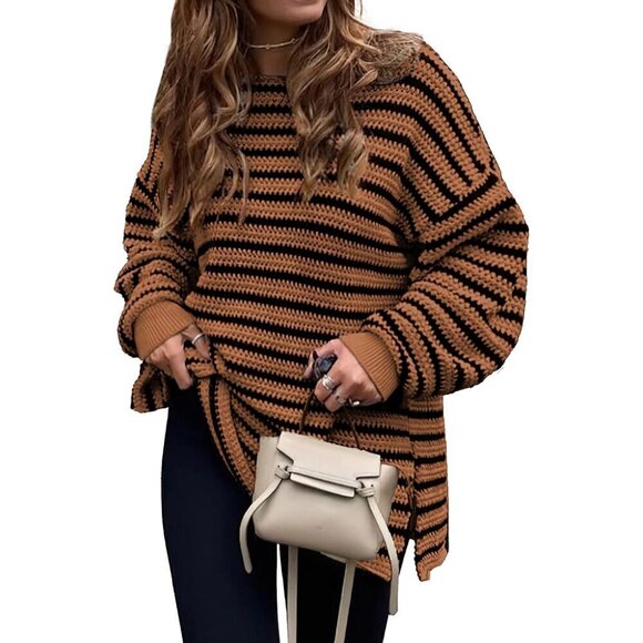 Sweaters - Women's Oversized Striped Sweater Long Sleeve Crewneck Side Split Knit Top